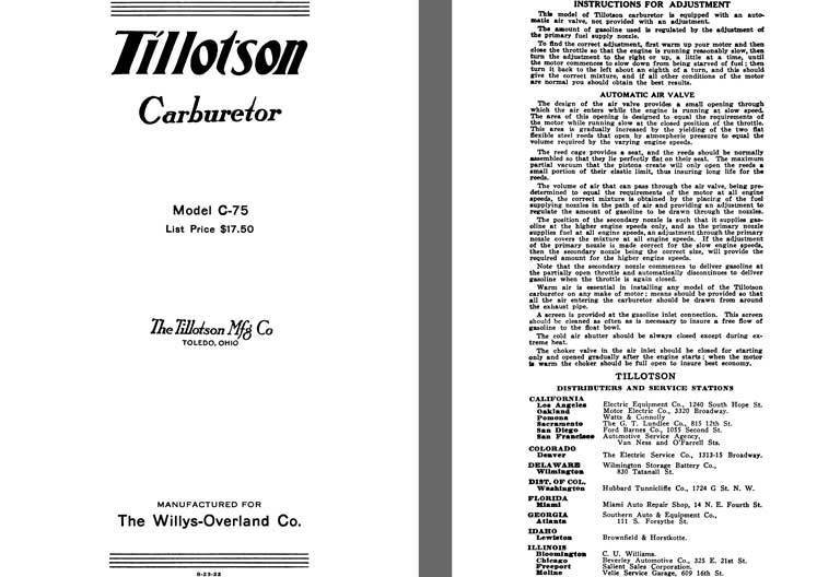 Tillotson 1925 - Tillotson Carburetor Model C-75 (Mfg for Willys Overland Co)