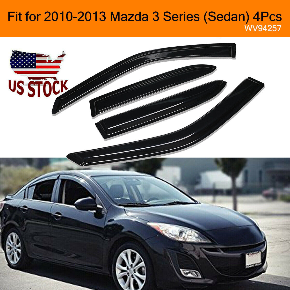 For 2010-2013 Mazda 3 Sedan Solid Black Smoke Window Vent Visors Sun Rain Guards