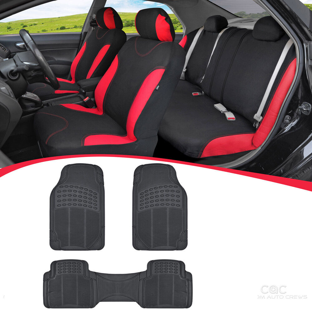 12PC Car Seat Covers & Rubber Floor Mats Interior Set Red/Black Sedan Truck SUV