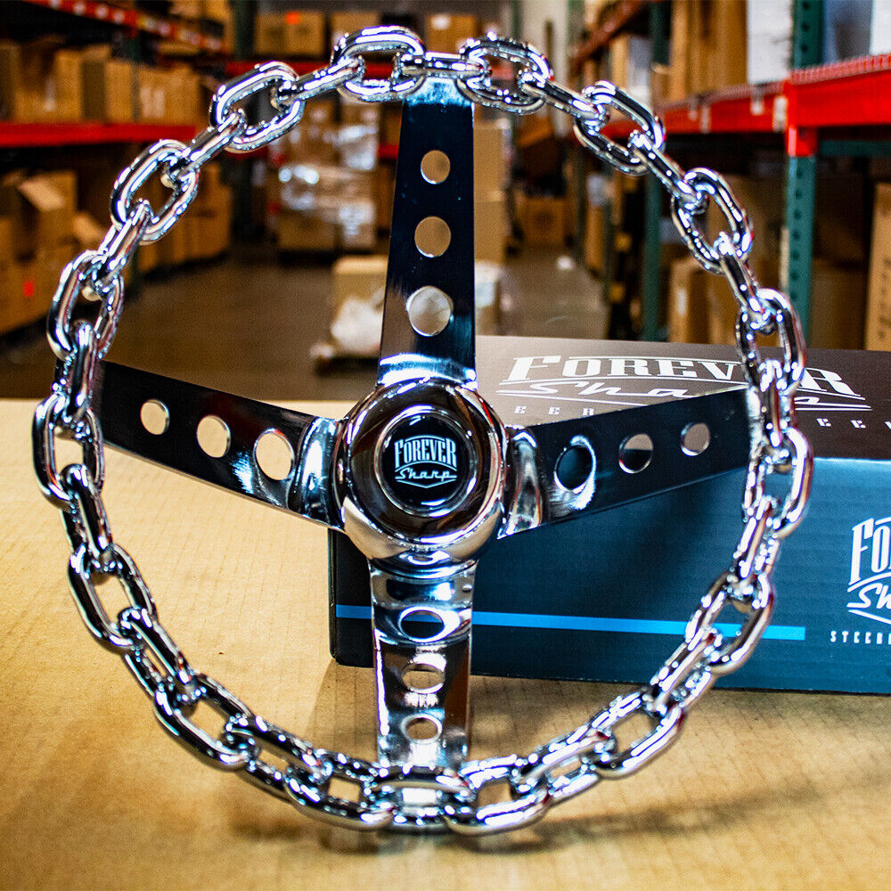 11 Inch Chrome Chain Steering Wheel with Cutout Spokes and Horn Button -3 Hole