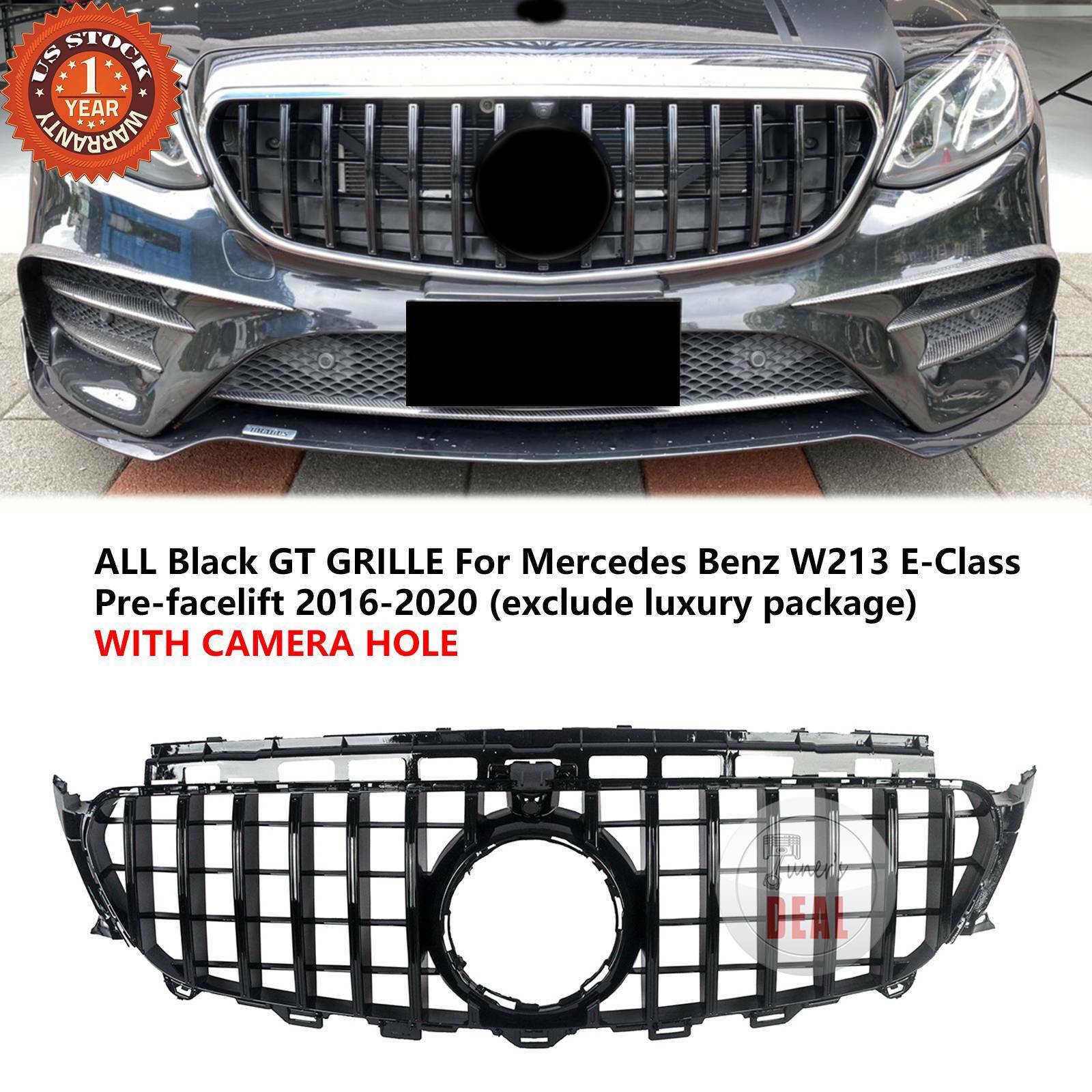 Black GT R Grille W/ CAMERA HOLE For Mercedes Benz W213 E-CLASS 2016-2020