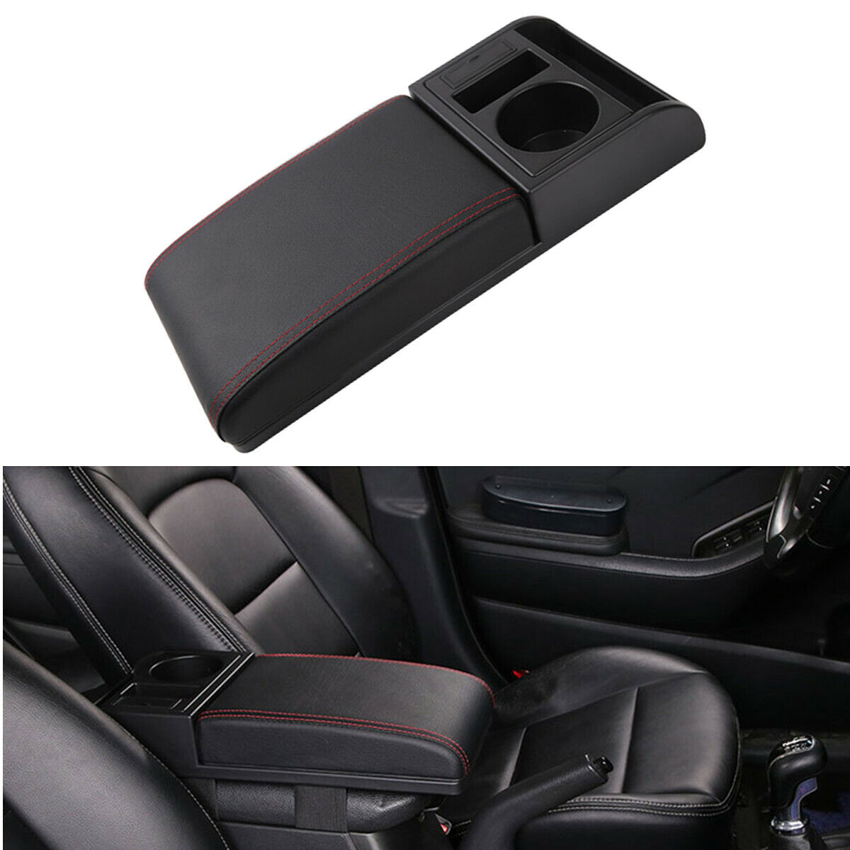 PU Leather Car Armrest Cushion Storage Box Pad W/Dual USB Charge Port/Cup Holder