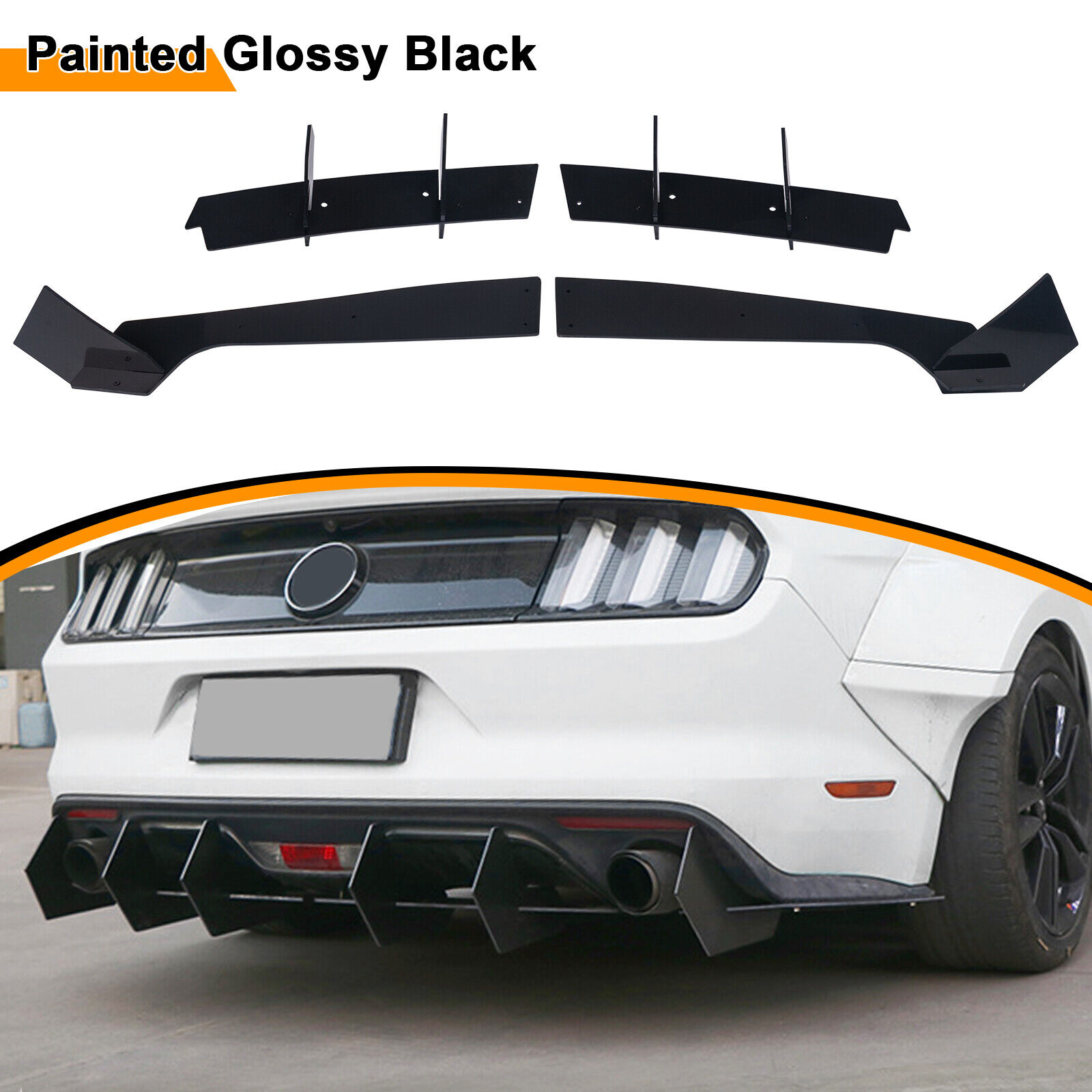 For Ford Mustang 2018-21 Gloss Black Rear Bumper Lip Diffuser Side Valance Apron