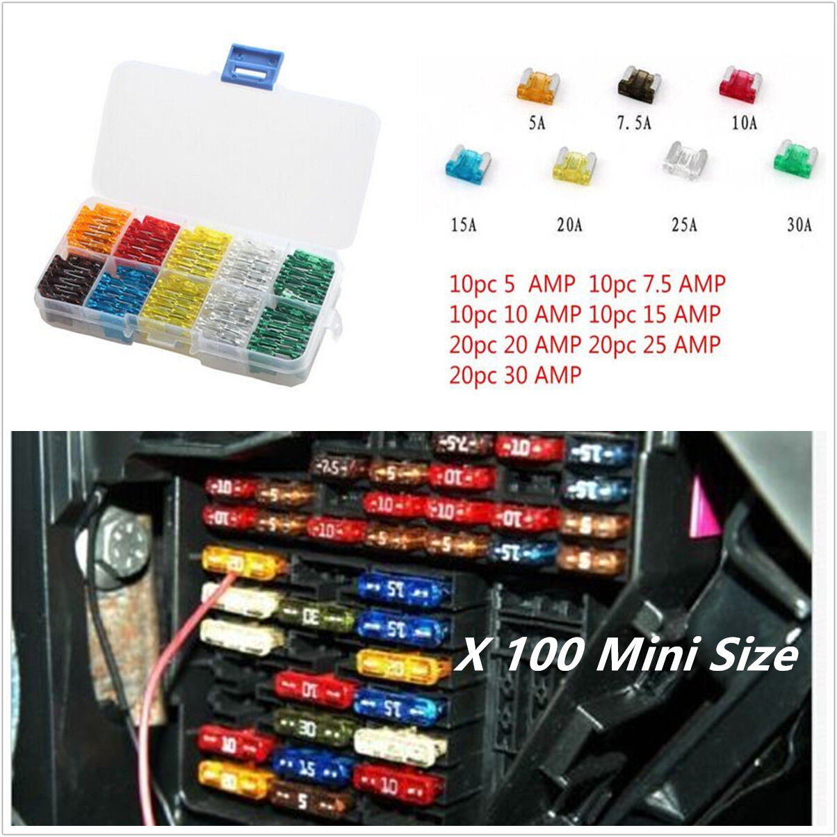 100pcs 7 Sizes Car Mini Low Profile Fuse Box 5 7.5 10 15 20 25 30 Amp Fuse Kits