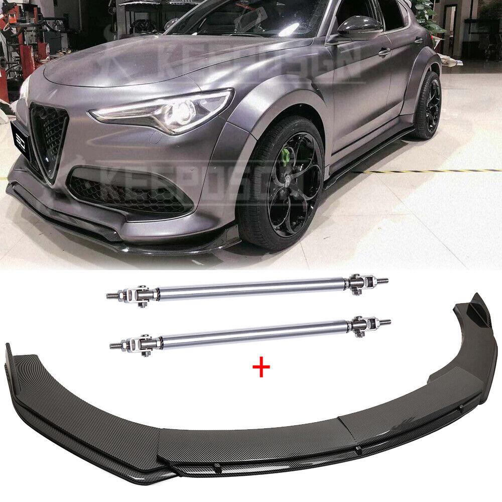 Carbon Front Bumper Chin Lip Spoiler Splitter +Strut Rods For Alfa Romeo Stelvio