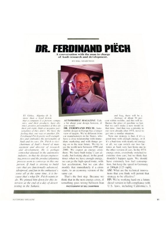 1987 VW Volkswagen Ferdinand Piech - Original Car Review Print Article J396