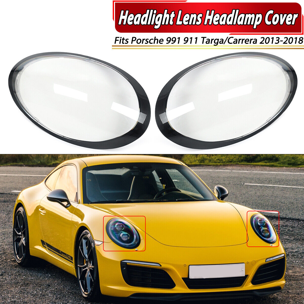 A Set Front Headlight Lens Cover Clear For Porsche 991 911 Targa/Carrera 2013-18