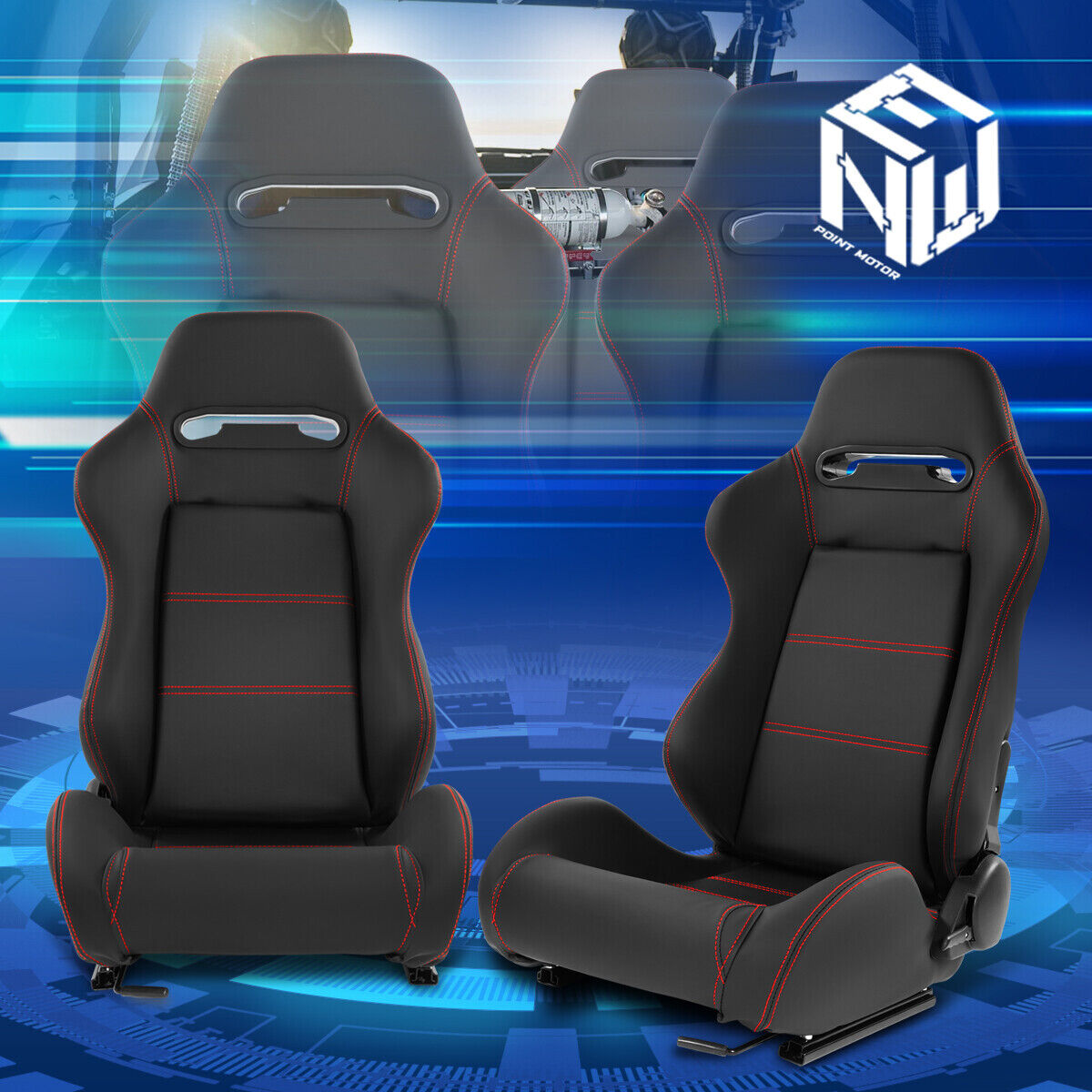 Set of 2 Universal Leather Vinyl Reclinable Racing Seats w/Sliders Red Stitching