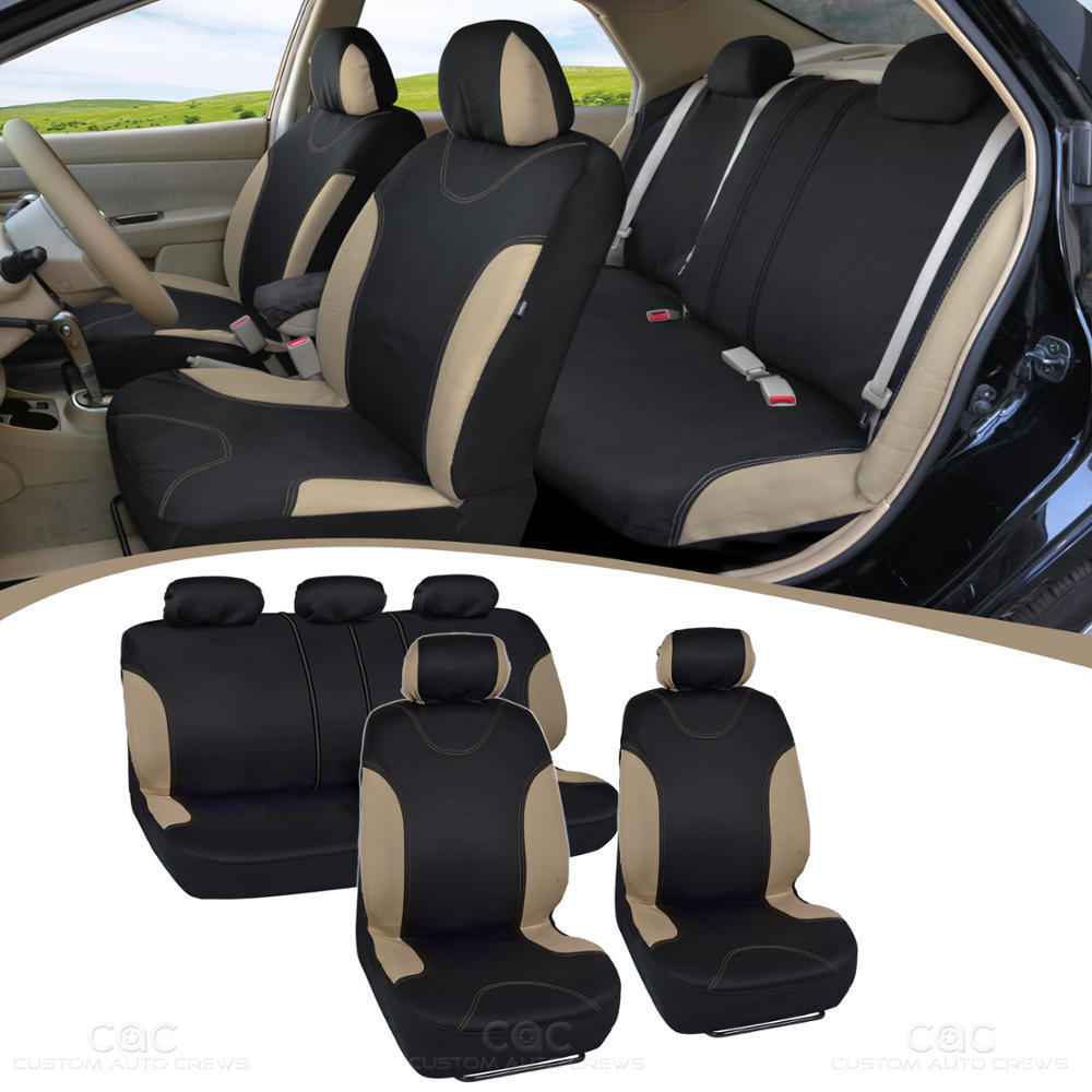 Tan/Black Car Seat Covers for Sedan SUV Truck Set Split Bench Option 5 Headrests