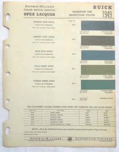 1949  BUICK SHERWIN WILLIAMS  COLOR PAINT CHIP CHART ALL MODELS ORIGINAL 