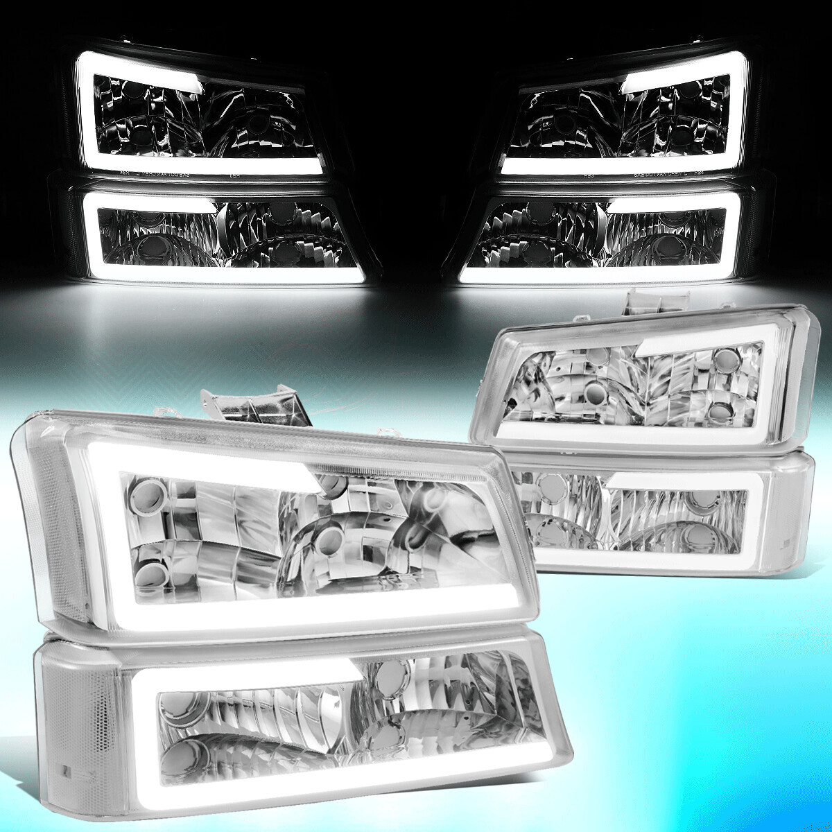 LED DRL Bar Headlight & Bumper Lamp Kit For 1999-2002 Chevy Silverado & 2006 Suburban - Chrome Housing, White/Amber LEDs