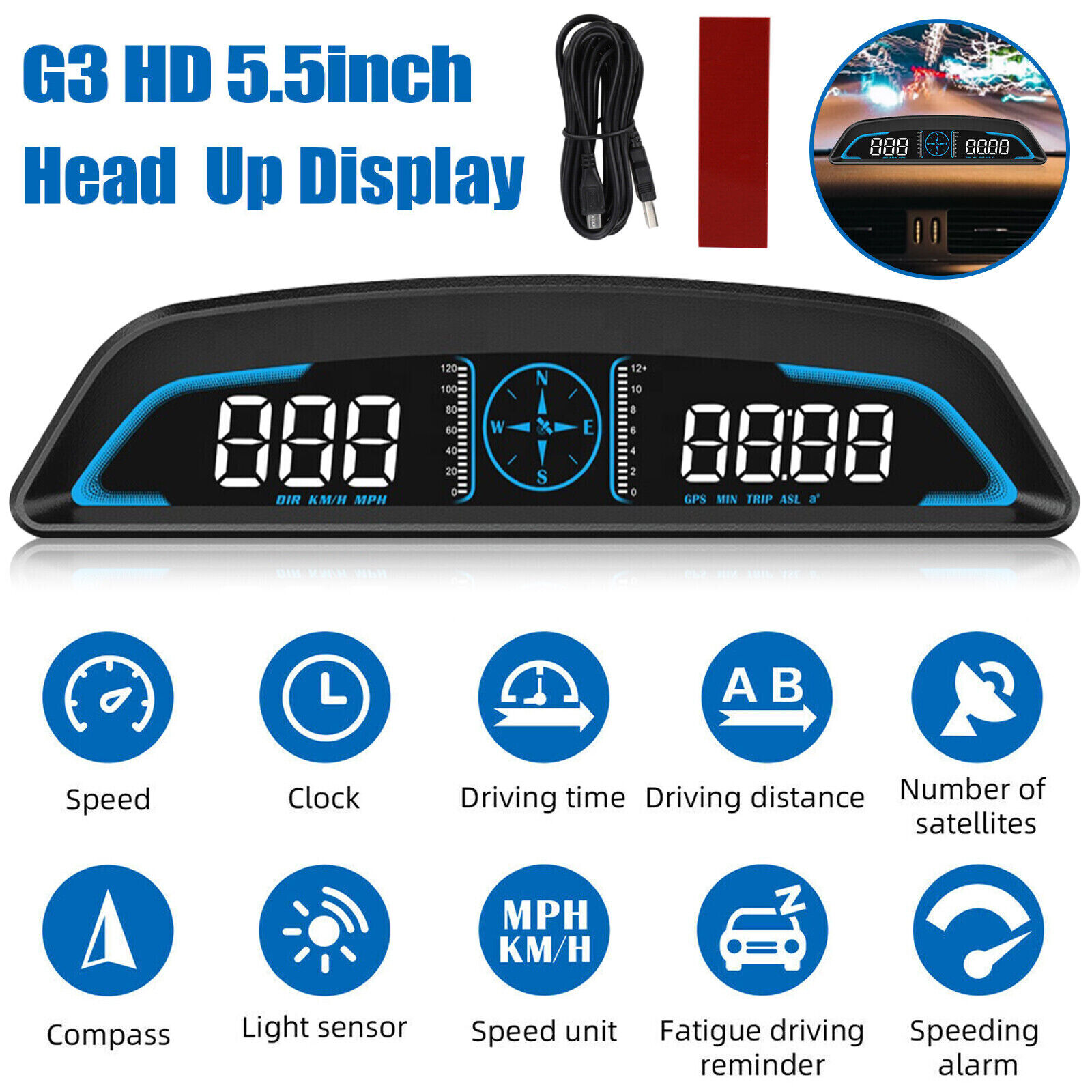 Car Digital GPS HUD Universal Head Up Display LED HD Speedometer Overspeed Alarm