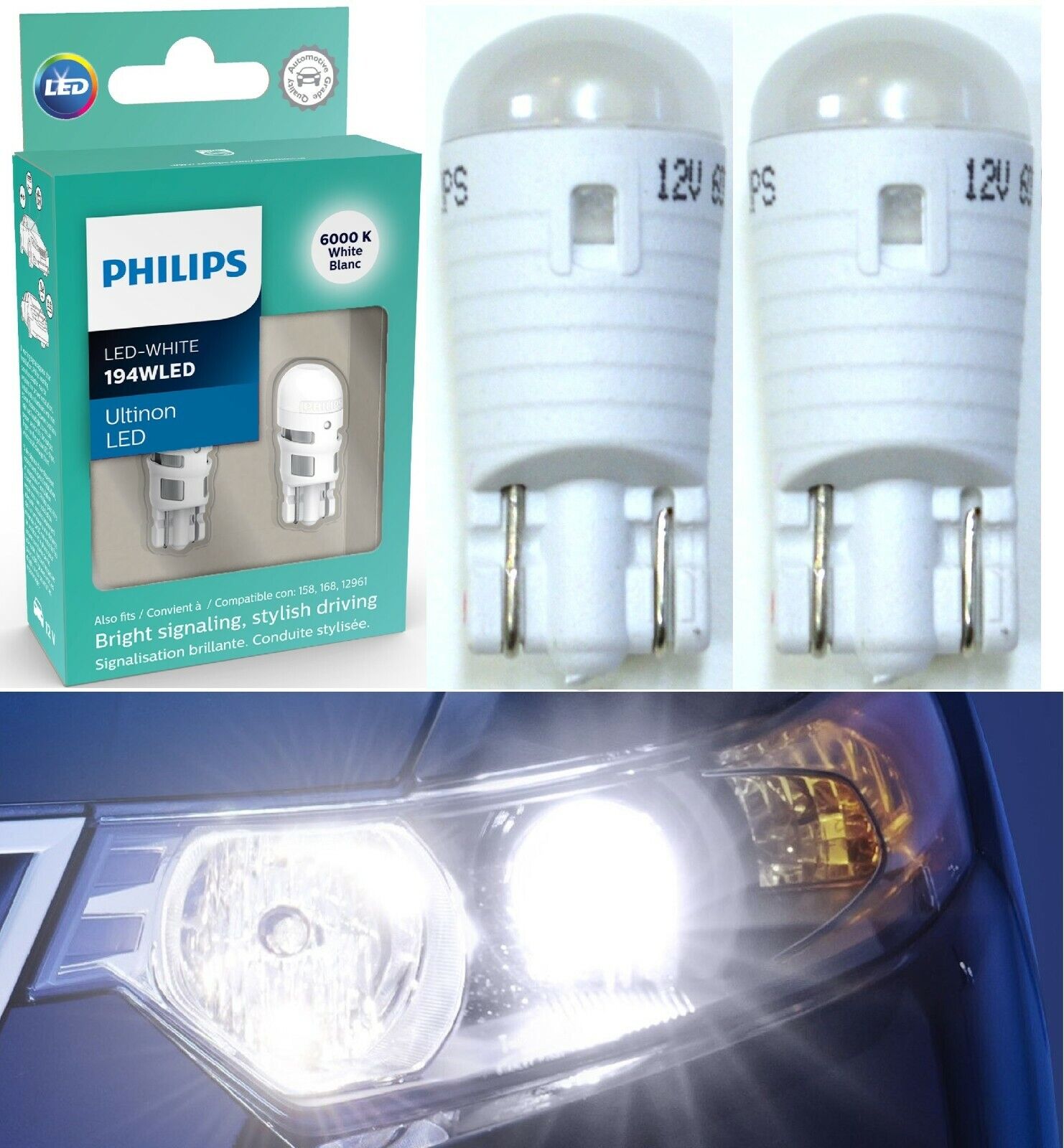 Philips Ultinon LED Light 194 White 6000K Two Bulb Front Side Marker Replace OE