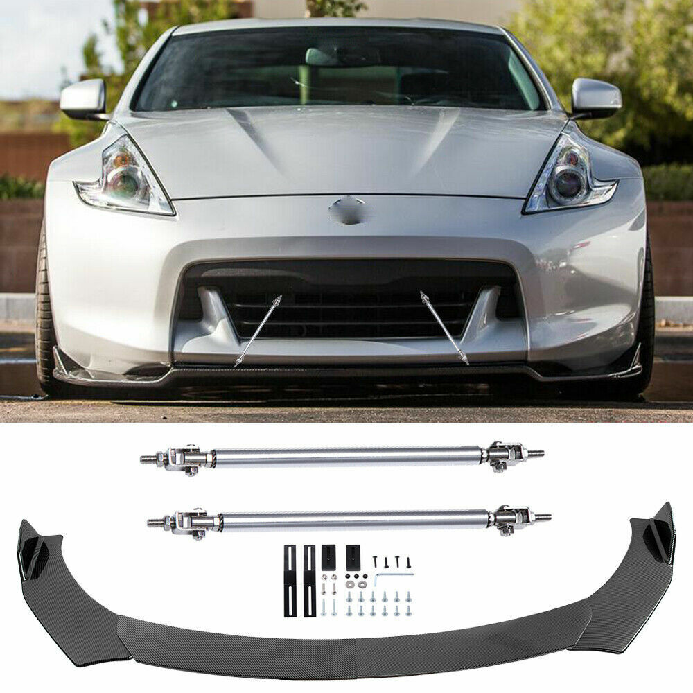 For 09-20 Nissan 370Z Carbon Style Front Bumper Lip Splitter Spoiler +Strut Rods