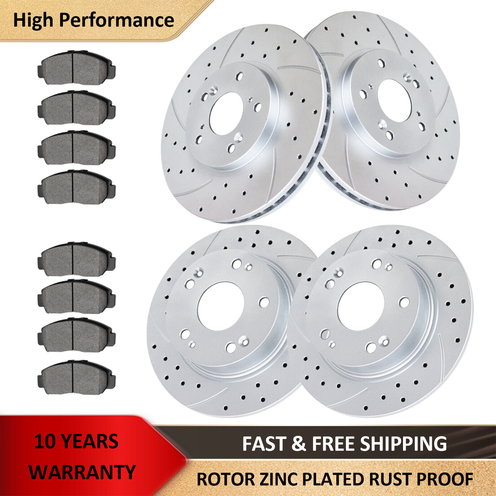 2.4L Front Rear Drilled Slotted Brake Rotors Pads Kit for Honda Accord 2003-2007