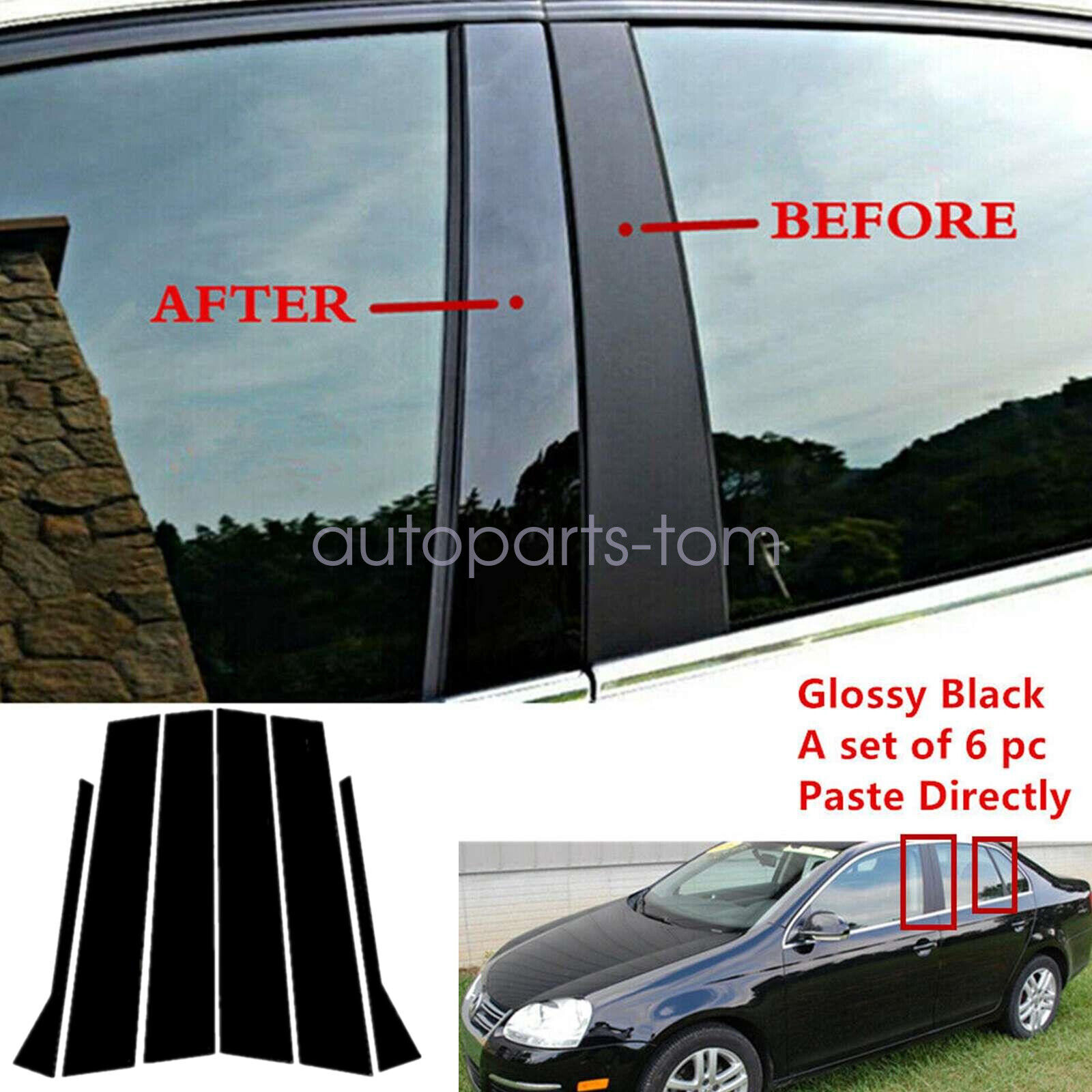 Fit For VW Jetta MK5 2006-2010 Sedan Door Trim Pillar Posts Gloss Black 6pc Set