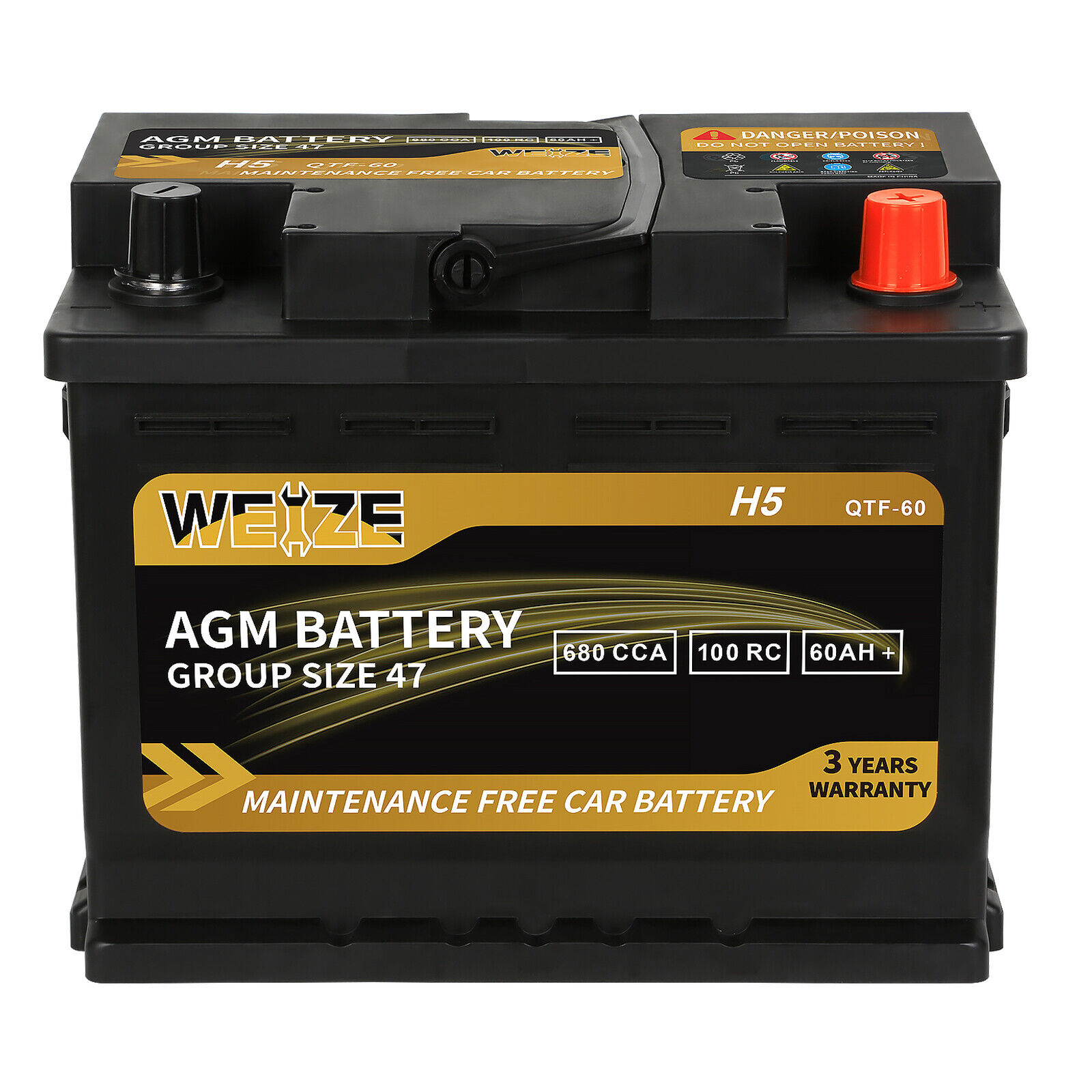 Weize Platinum AGM Battery BCI Group 47, 100RC 680CCA Automotive H5 Battery 