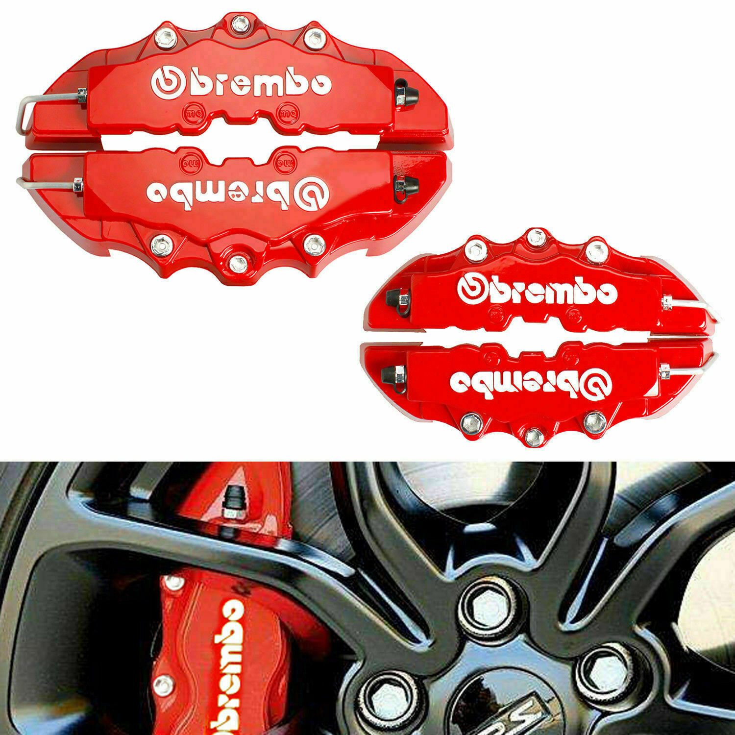 4PCS Universal Disc Brake Caliper Covers Front & Rear Kit Red Color Style Car 3D