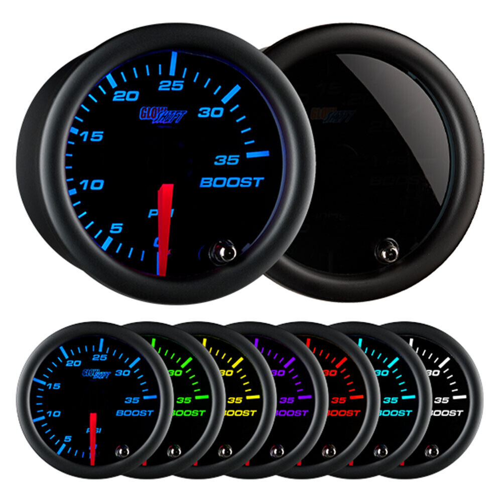 New GlowShift 52mm Smoked 7 Color Turbo 35 PSI Boost Gauge Meter Kit