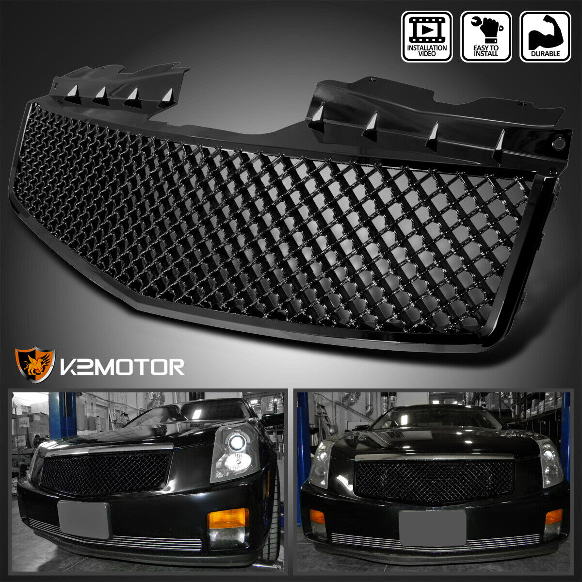 Fits 2003-2007 Cadillac CTS CTS-V Glossy Black Mesh  Bumper Front Hood Grille