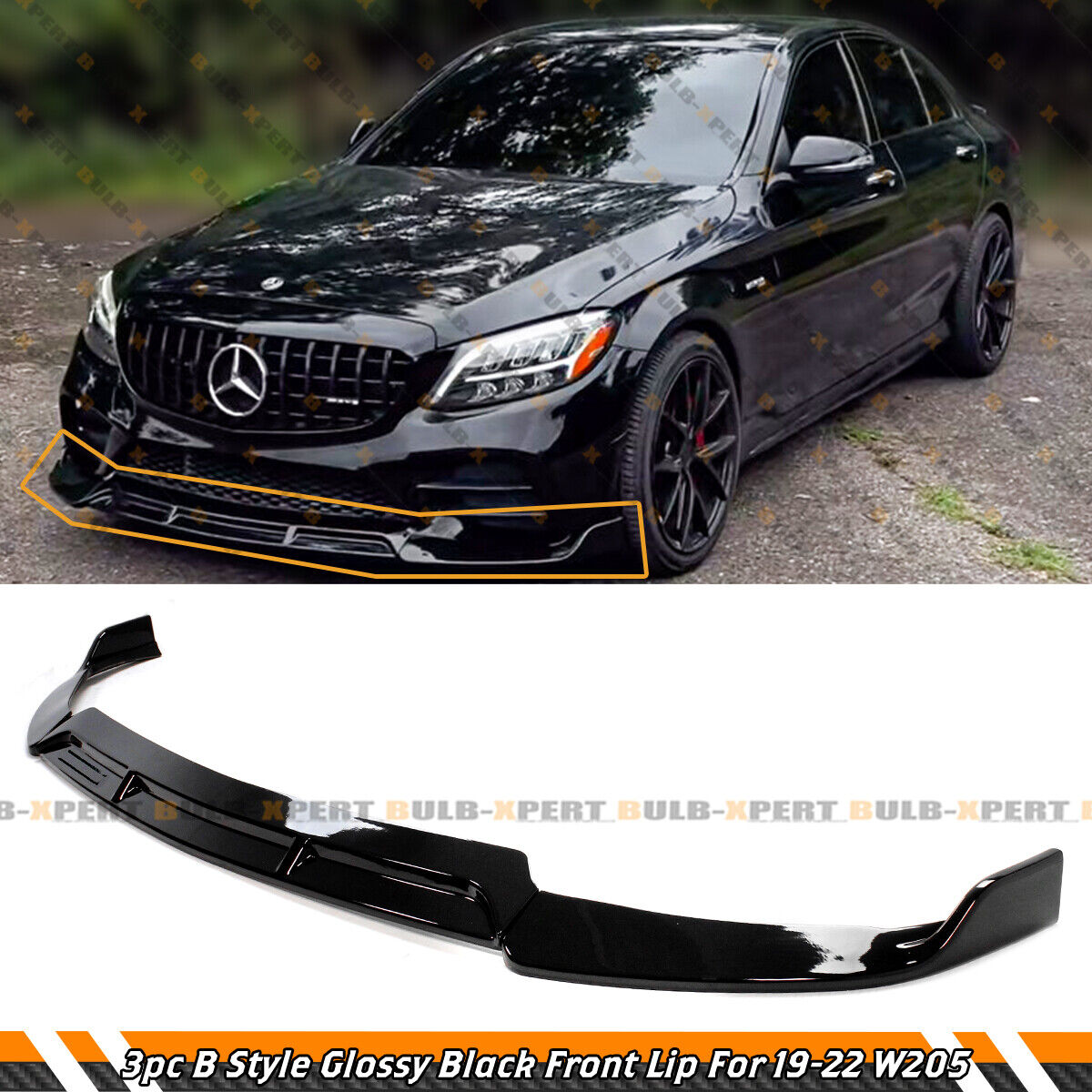 GLOSS BLACK B STYLE FRONT BUMPER LIP FOR 19-2022 MERCEDES BENZ W205 C300 C43 AMG
