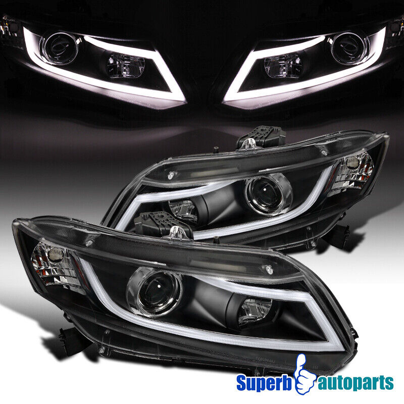 Fits 2012-2015 Honda Civic 2/4Dr Projector Headlights W/ New LED Light Bar Black