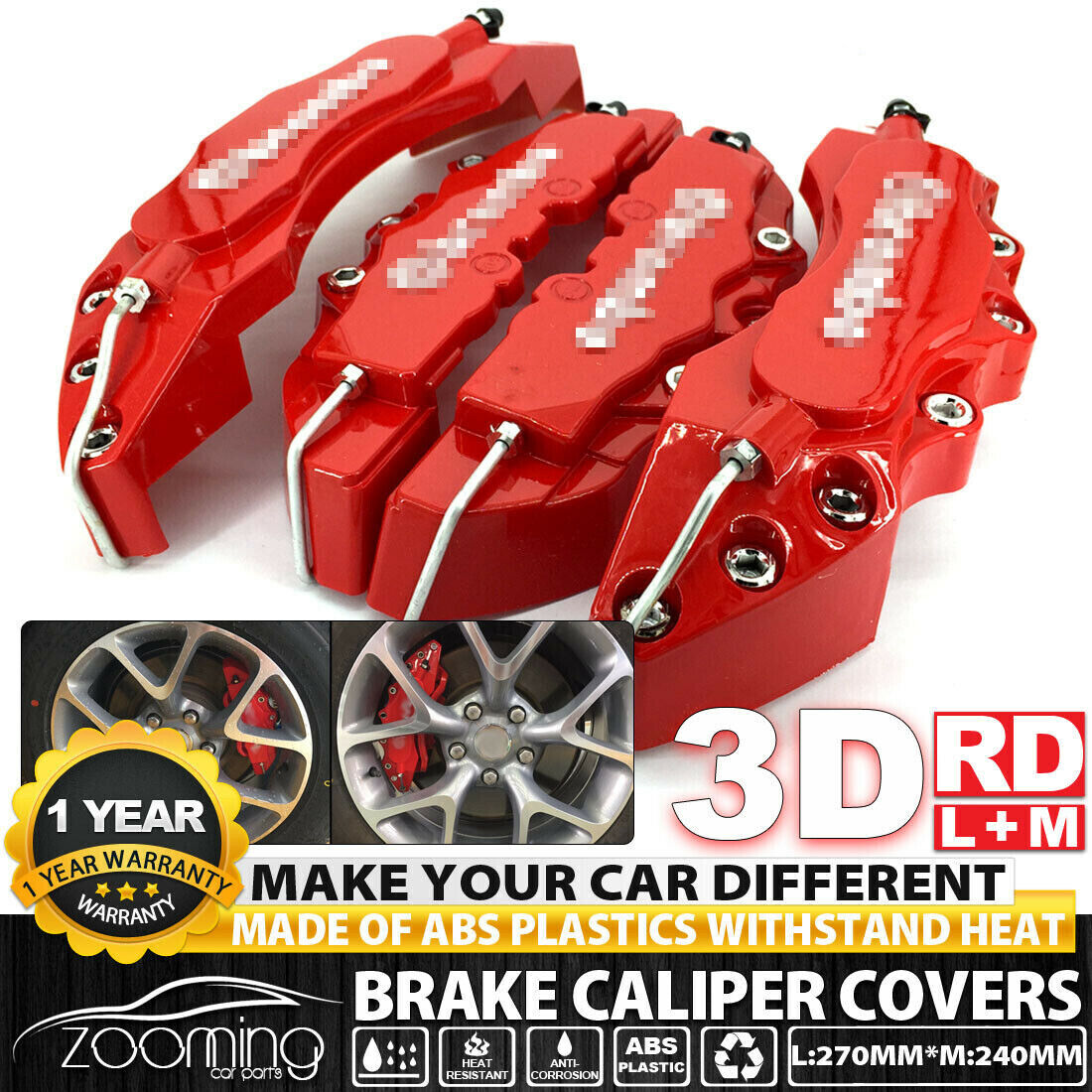 4PCS 3D Red Car Universal Disc Brake Caliper Covers Front & Rear Accessories Kit