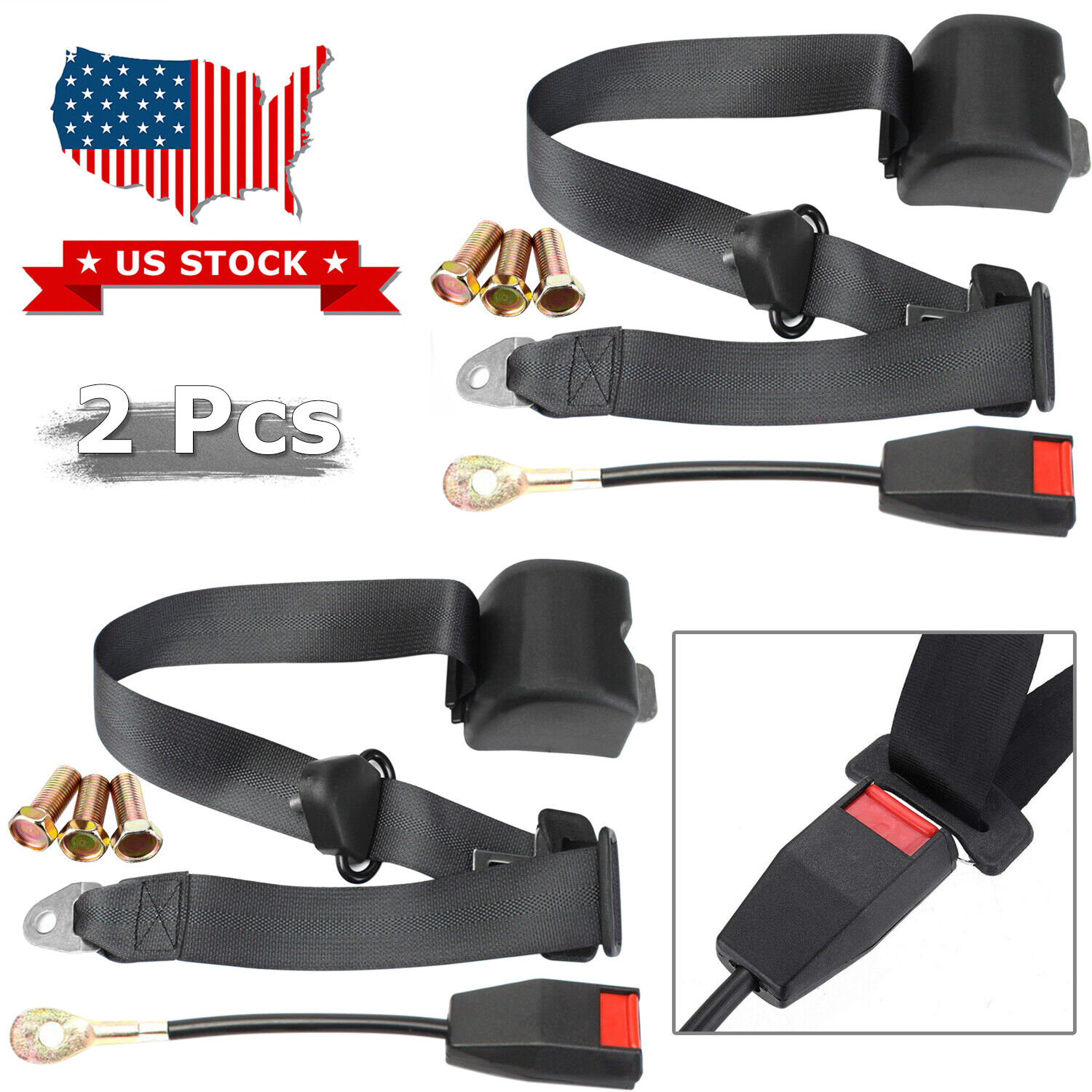 2 Pack Universal Adjustable 3 Point Retractable Auto Car Seat Lap Belt Kit Black