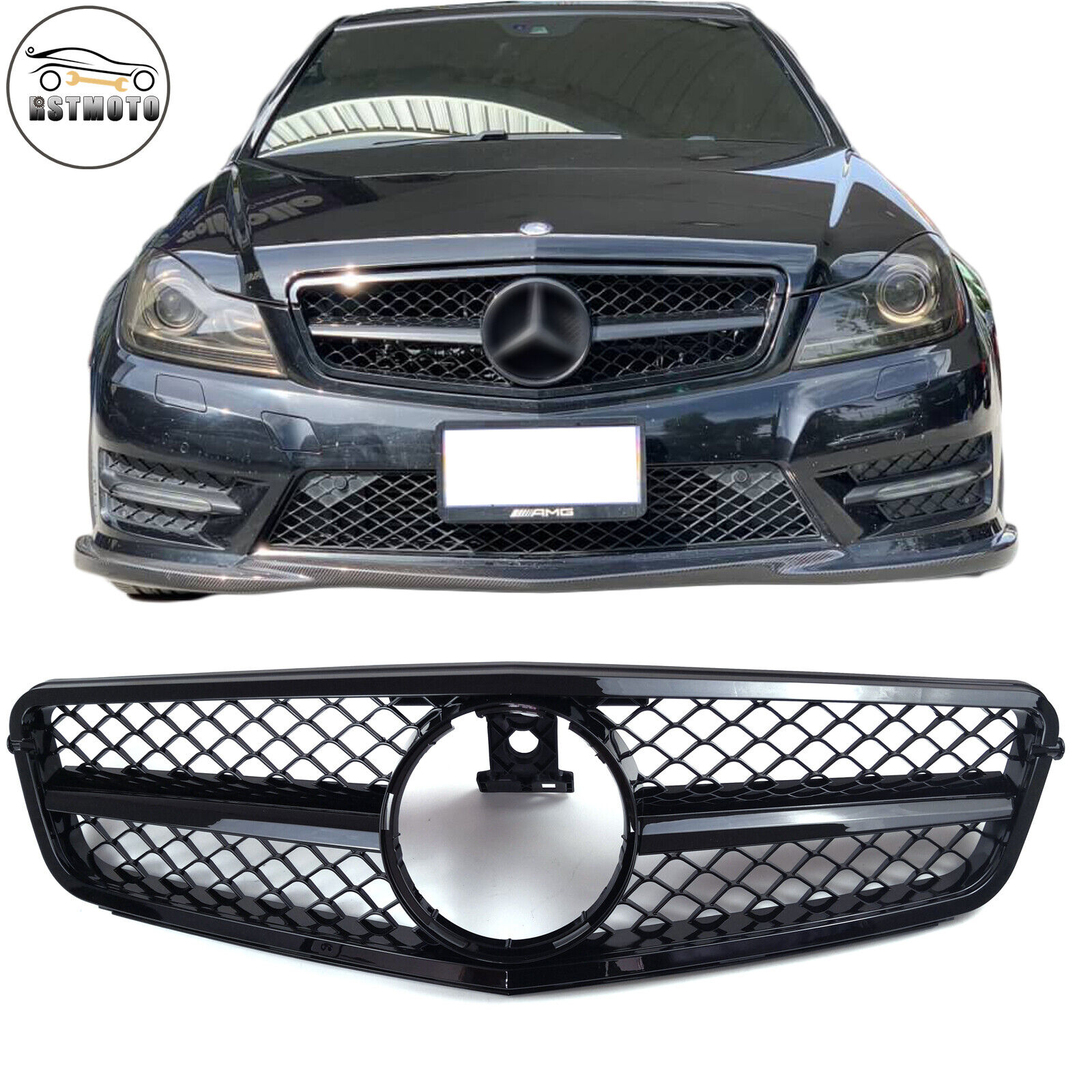 AMG Style All Black Grill Grille For Mercedes Benz W204 C250 C300 C350 2008-2013