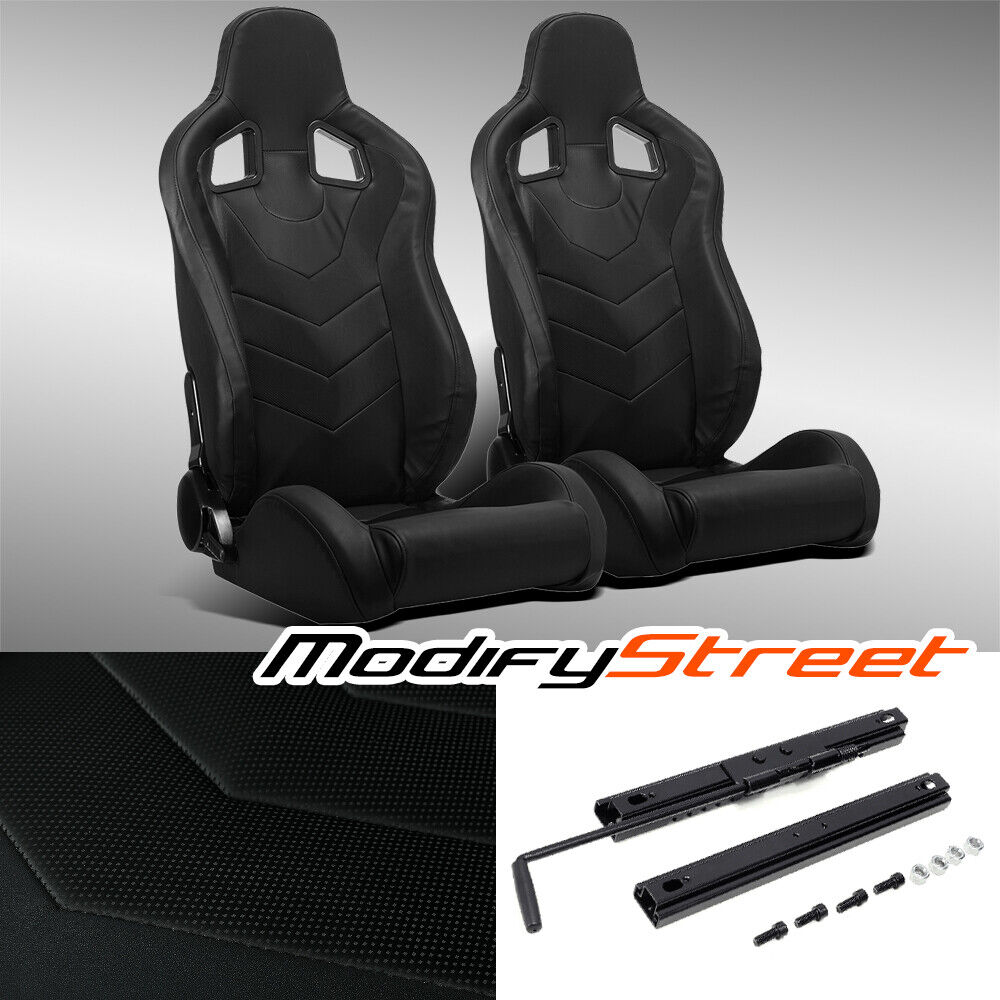2 x BLACK PVC LEATHER LEFT/RIGHT RECLINABLE SPORT RACING BUCKET SEATS + SLIDER