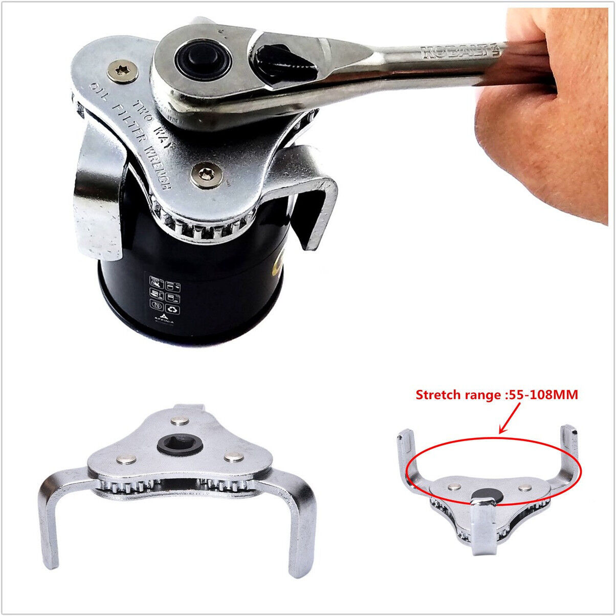 Professional Adjustable Car Metal 3-Jaw 55-108mm Oil Filter Wrench Removal Tool