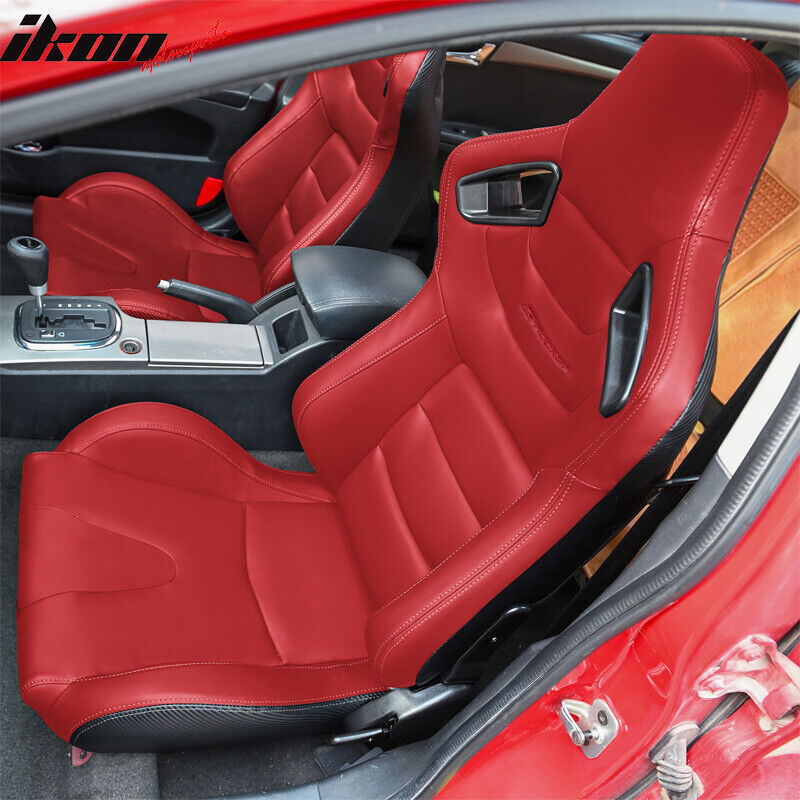 Universal Pair Reclinable Racing Seats + Double Sliders Red PU & Carbon Leather