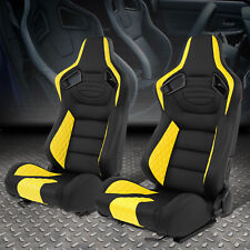 Pair Universal Black&Yellow Vinyl Adjustable Reclinable Racing Seats w/ Sliders picture