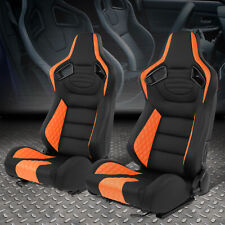 Pair Universal Black&Orange Vinyl Adjustable Reclinable Racing Seats w/ Sliders picture