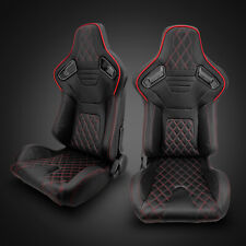 Universal Black PVC Leather/Red Stitching Left/Right Racing Seats Pair picture
