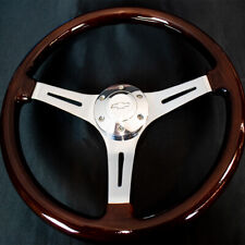 14 Inch Chrome Polished Steering Wheel Dark Wood 3-Spoke with Chevy Horn Button picture