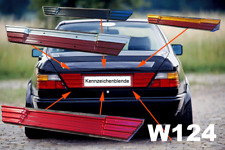 Mercedes W124 Kennzeichenblende, Heckblende - FarbLeiste SILBER/ROT picture