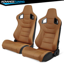 Reclinable Pair Racing Seats Dual Sliders Brown PU Carbon Leather picture