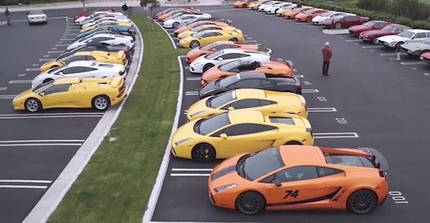 50 Lamborghinis in a parking lot