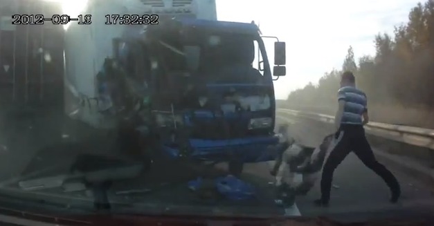 Truck driver gets thrown out of windshield during accident, lands on his feet