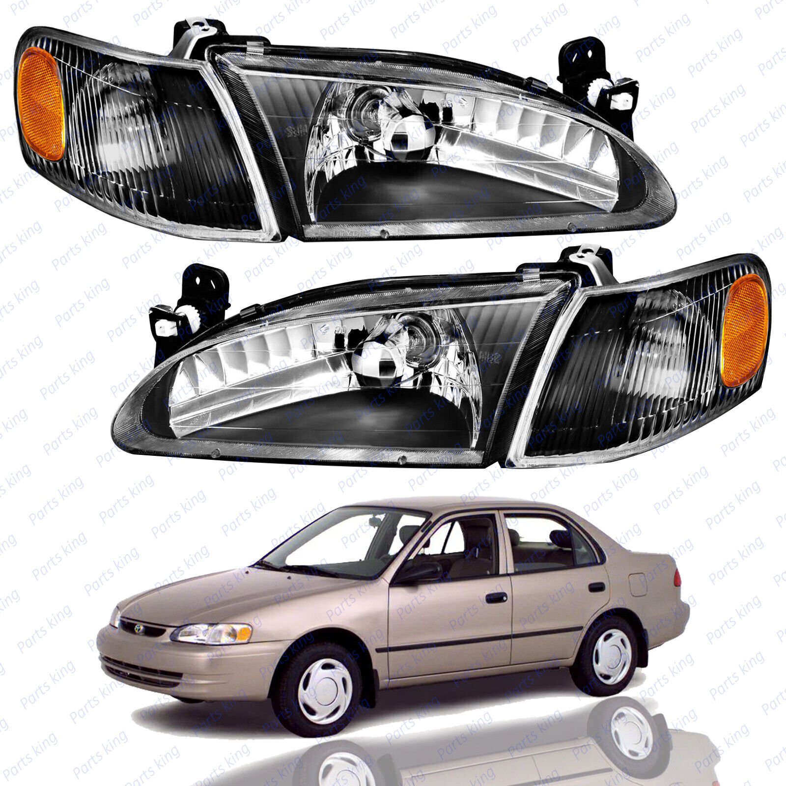 For 1998 1999 2000 Toyota Corolla Headlights Corner Lights Black Left Right 4pc