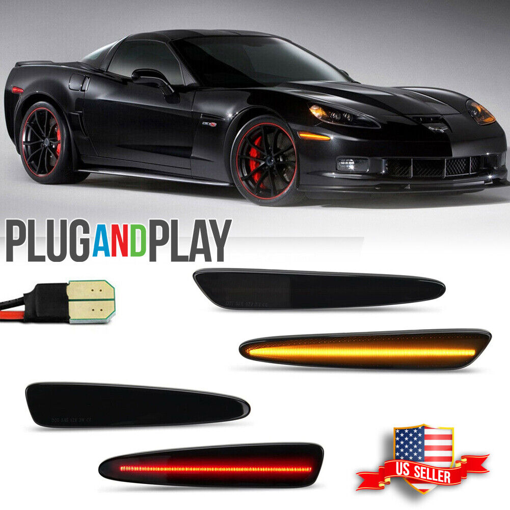 For 2005-13 Chevy Corvette C6 Smoked Front Rear Amber Red LED Side Marker Lights