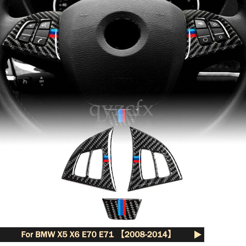 Real Carbon Fiber Steering Wheel Button Cover Trim For BMW X5 X6 E70 E71 2008-14