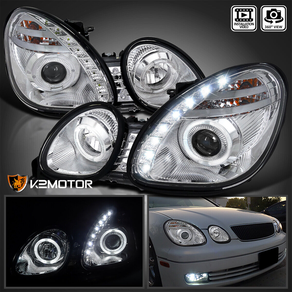 Fits 1998-2005 Lexus GS300 GS400 LED Halo Projector Headlights Lamps Left+Right