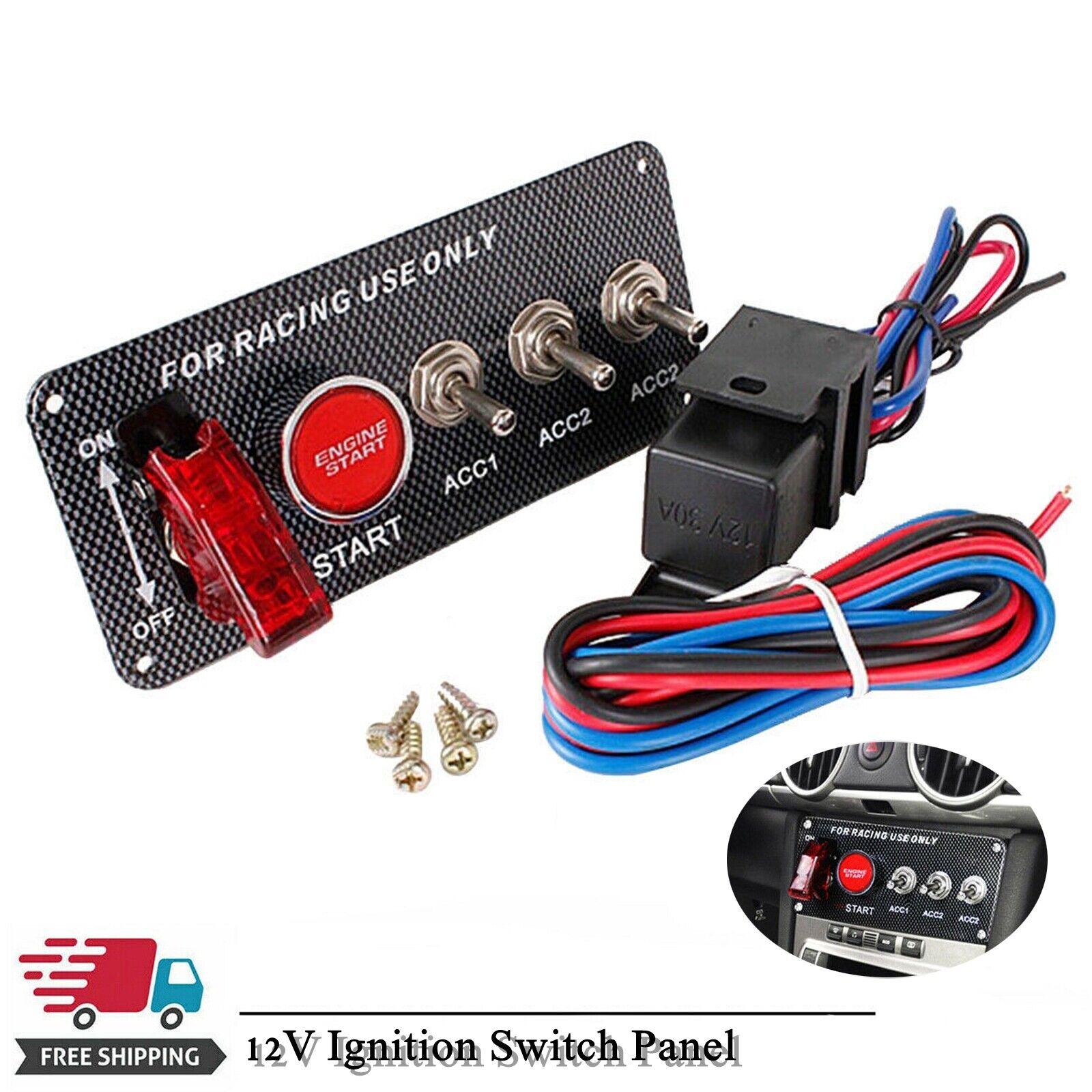 Carbon Ignition Switch Panel Engine Start Push Button LED 12V Toggle Racing Car