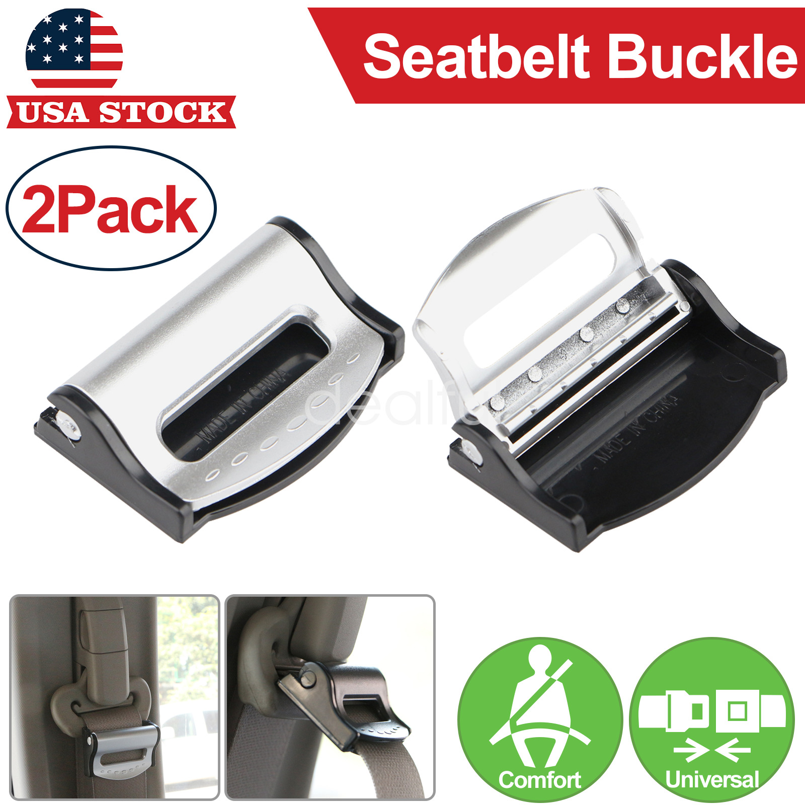 2x Car Seat Belt Adjuster Stopper Buckle Improves Comfort Clips Strap Silver US