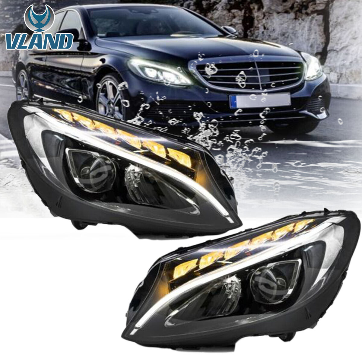 Pair Full LED Headlights For Mercedes Benz W205 C-Class C300 2015 2016 2017 2018