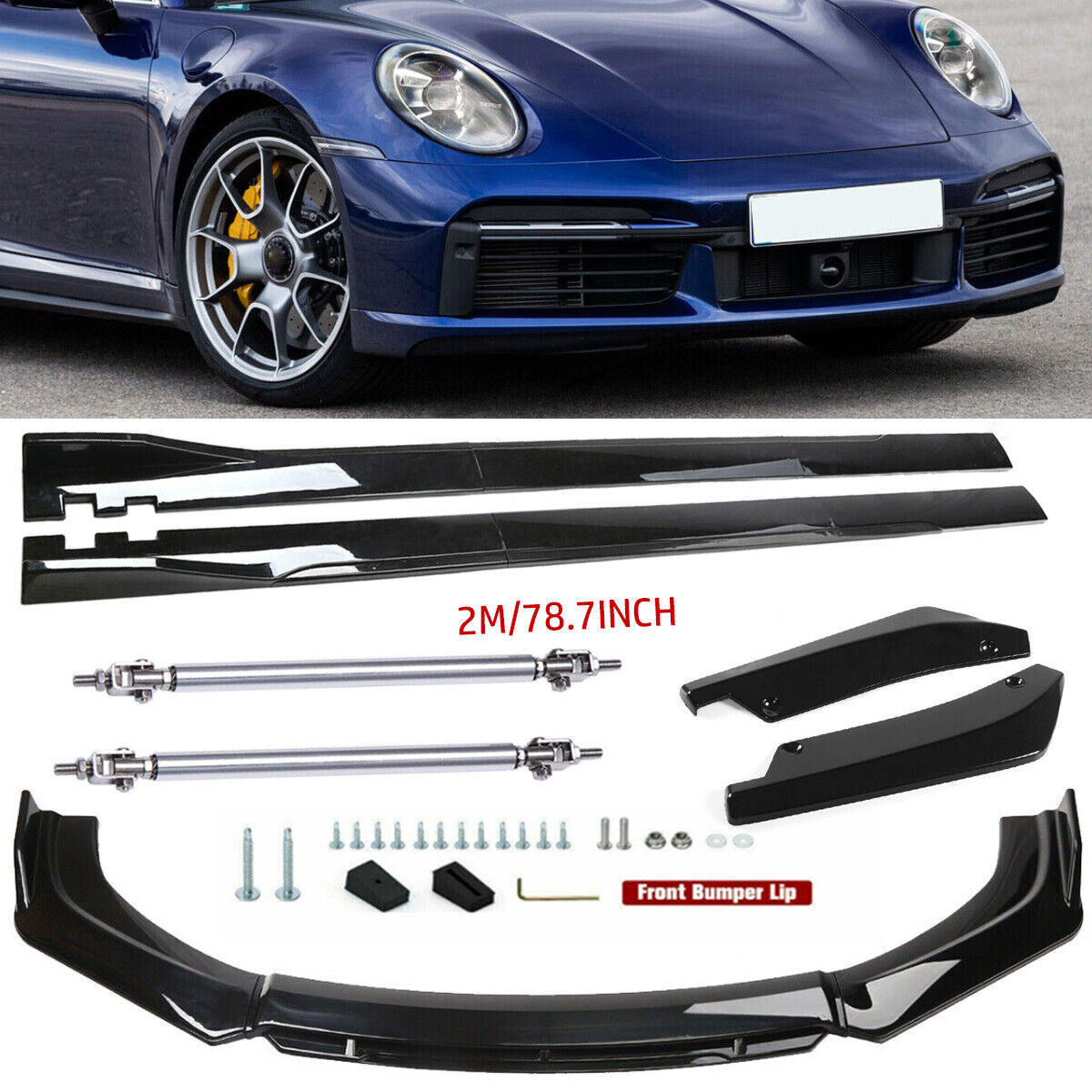 For Porsche 911 Turbo Front Bumper Lip Spoiler Splitter Side Skirt +Strut Rods