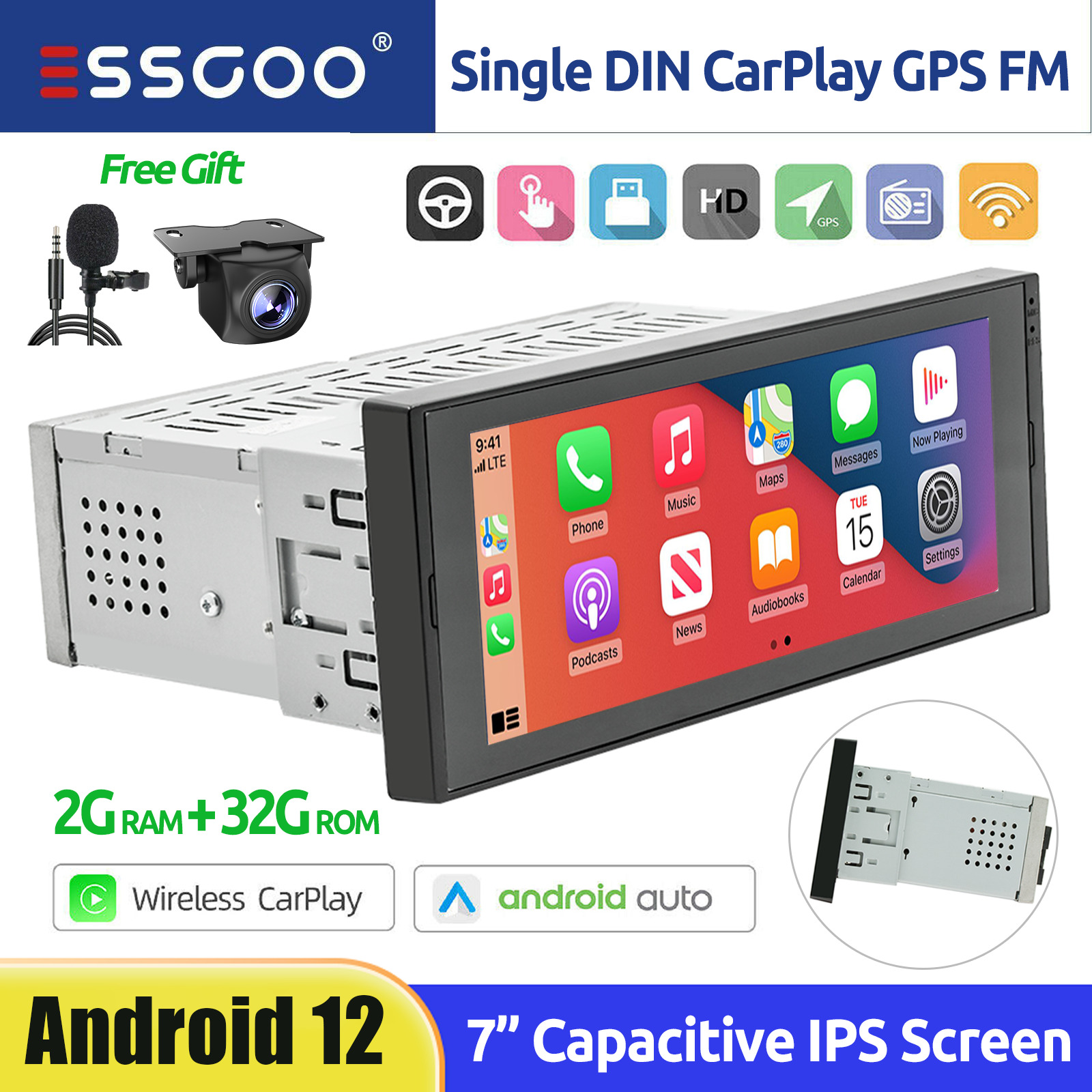 Carplay Single 1 DIN Car Stereo Radio GPS Wifi 7'' Android12 Touch Screen+Camera