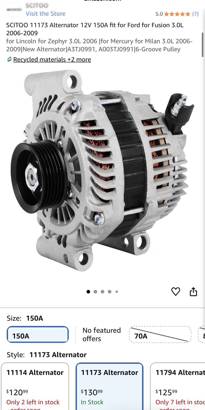 150A Alternator Ford Fusion Mercury Milan Lincoln Zephyr 3.0L 2006-09 11173
